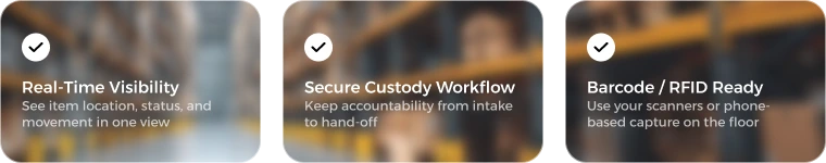 Real-Time Visibility, Secure Custody Workflow, and Barcode / RFID Ready