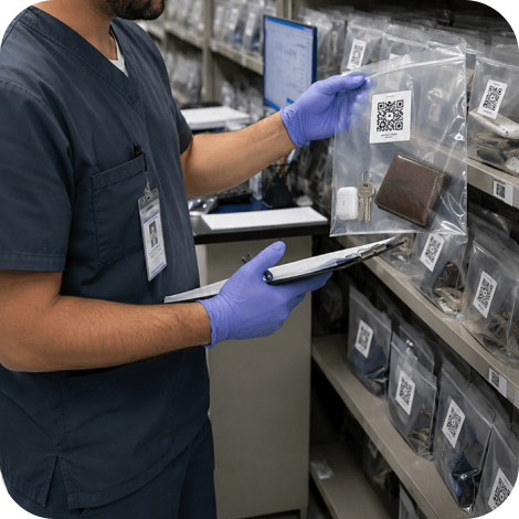 Healthcare worker handling patient property with QR labeling