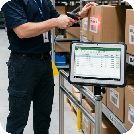 Warehouse worker scanning inventory with mobile device